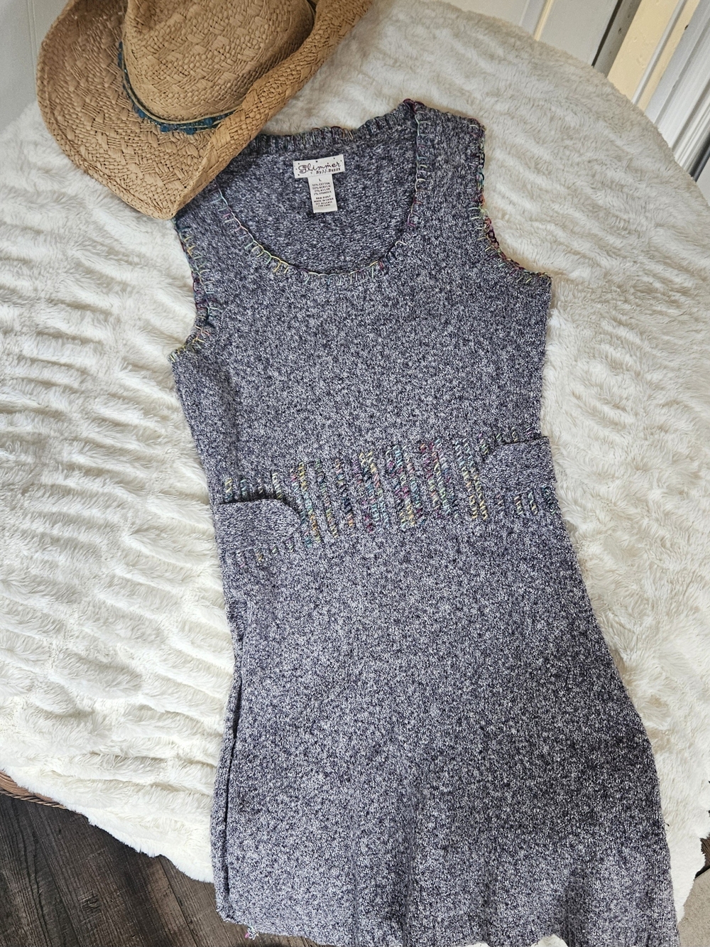 Sleeveless Gray Sweater Dress with Hand Embroidered Multicolor Trim